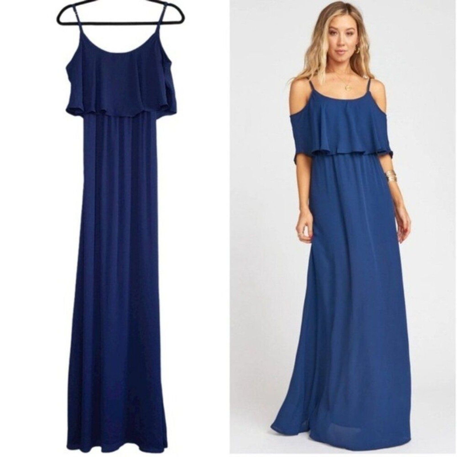 Show Me Your Mumu Caitlin Ruffle Maxi Dress In Rich Navy Crisp Size Xs